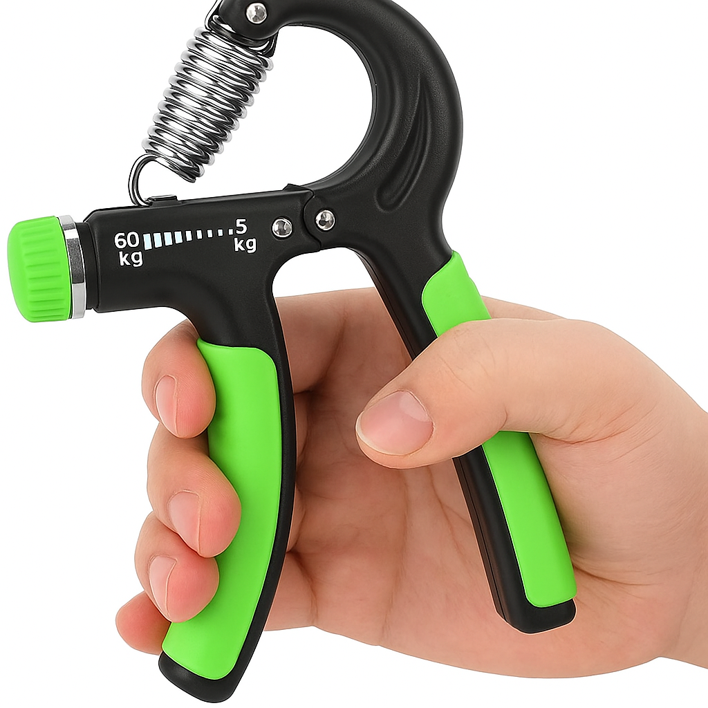 Hand grip strengthener tool being used at home showing portable fitness equipment for grip training and forearm strength