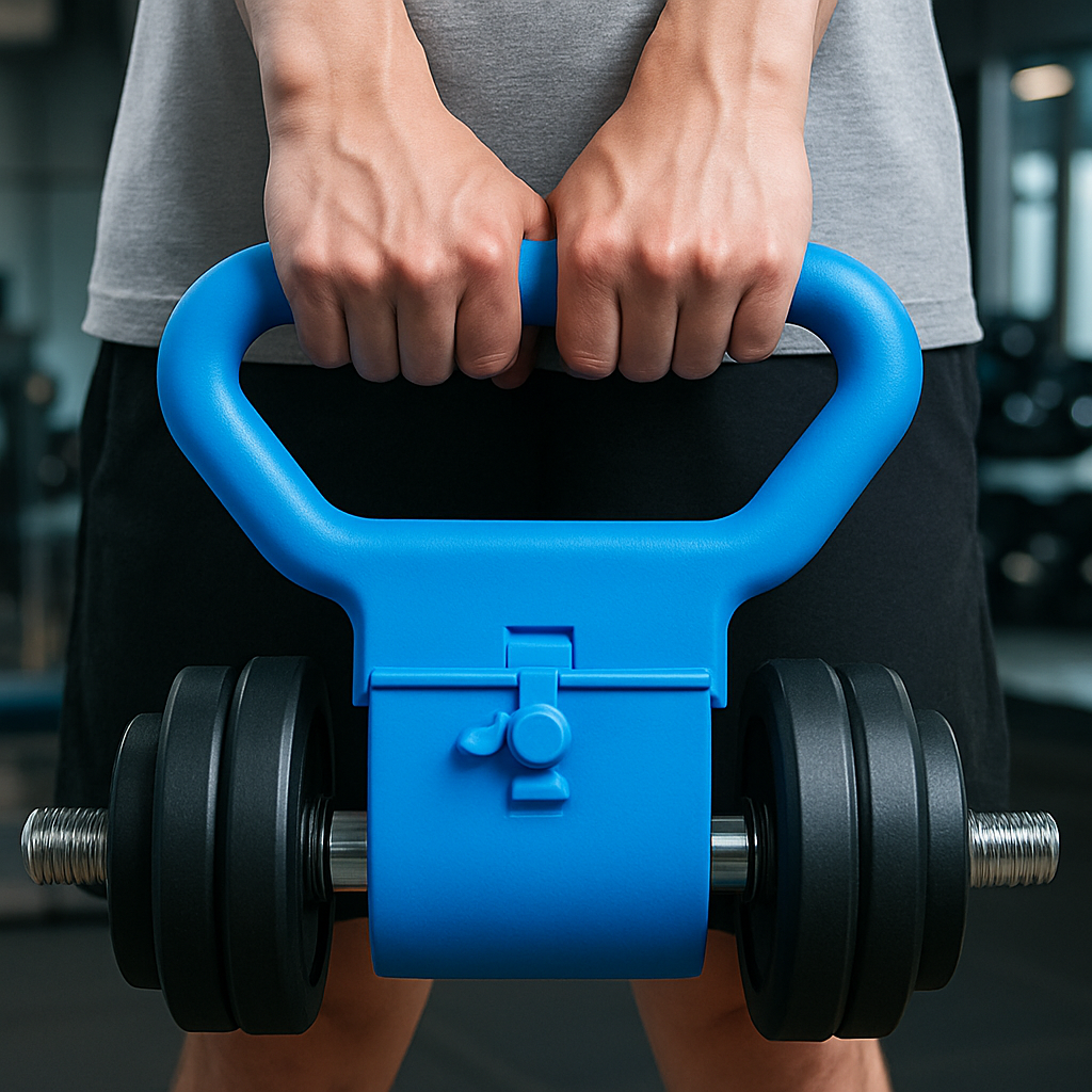 Dumbbell converted into kettlebell using portable attachment showing versatile home workout fitness solution