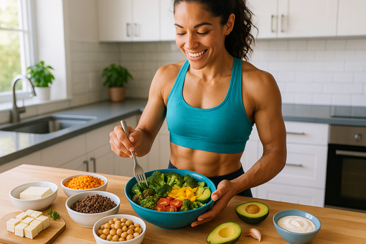 Indian athlete preparing high-protein vegetarian meal with lentils, paneer, tofu and protein-rich plant-based foods