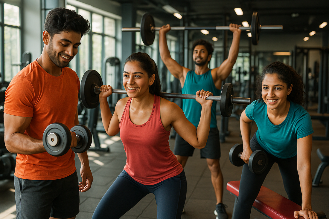 Indian fitness enthusiasts using essential workout equipment including dumbbells, yoga mats, and resistance bands for home fitness in 2025